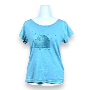 Green Label Top Womens Medium Blue Slim Fit Organic Cotton Respect Labor T-Shirt